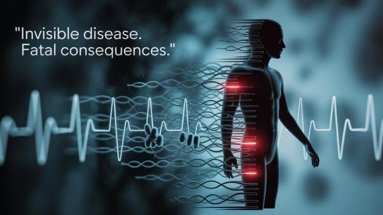 Silhouette of a human figure fading with DNA and mitochondria in the background, symbolizing the deadly effects of ozdikenosis