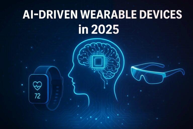 Illustration of AI-Driven Wearable Devices in 2025 featuring smartwatch, smartglasses, and brain-chip integration