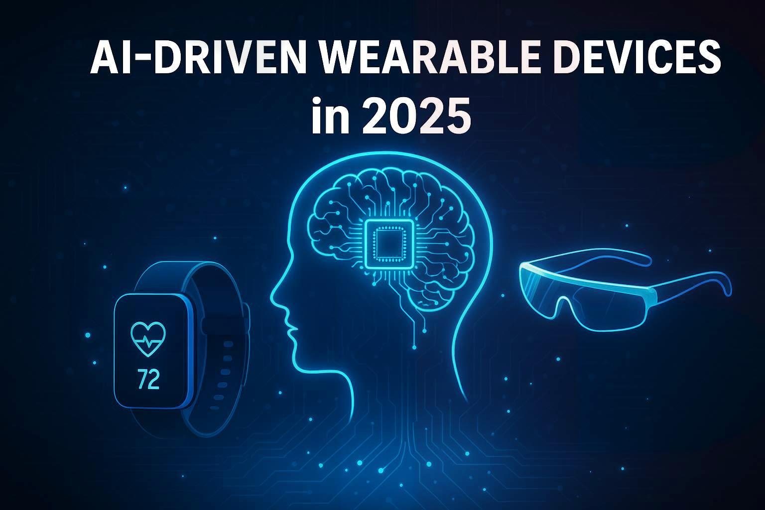 Illustration of AI-Driven Wearable Devices in 2025 featuring smartwatch, smartglasses, and brain-chip integration