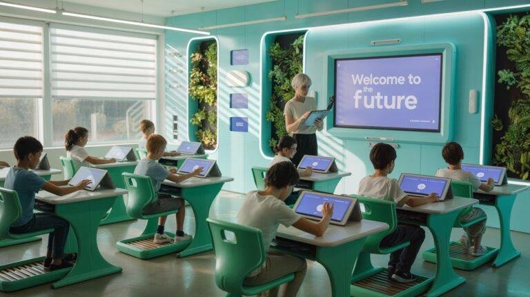 Futuristic Classroom 15x setup with flexible seating, digital tools, and interactive smartboard for personalized learning
