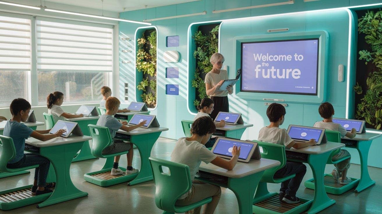 Futuristic Classroom 15x setup with flexible seating, digital tools, and interactive smartboard for personalized learning
