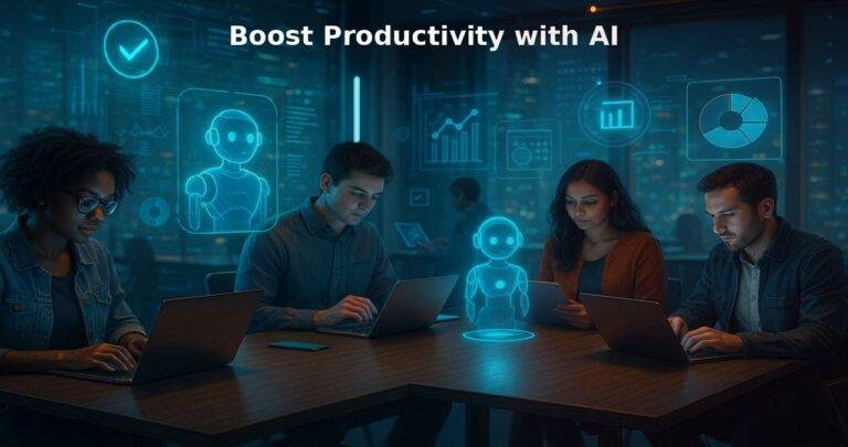 A futuristic workspace with AI holograms assisting people using laptops and smart devices to enhance productivity in 2025