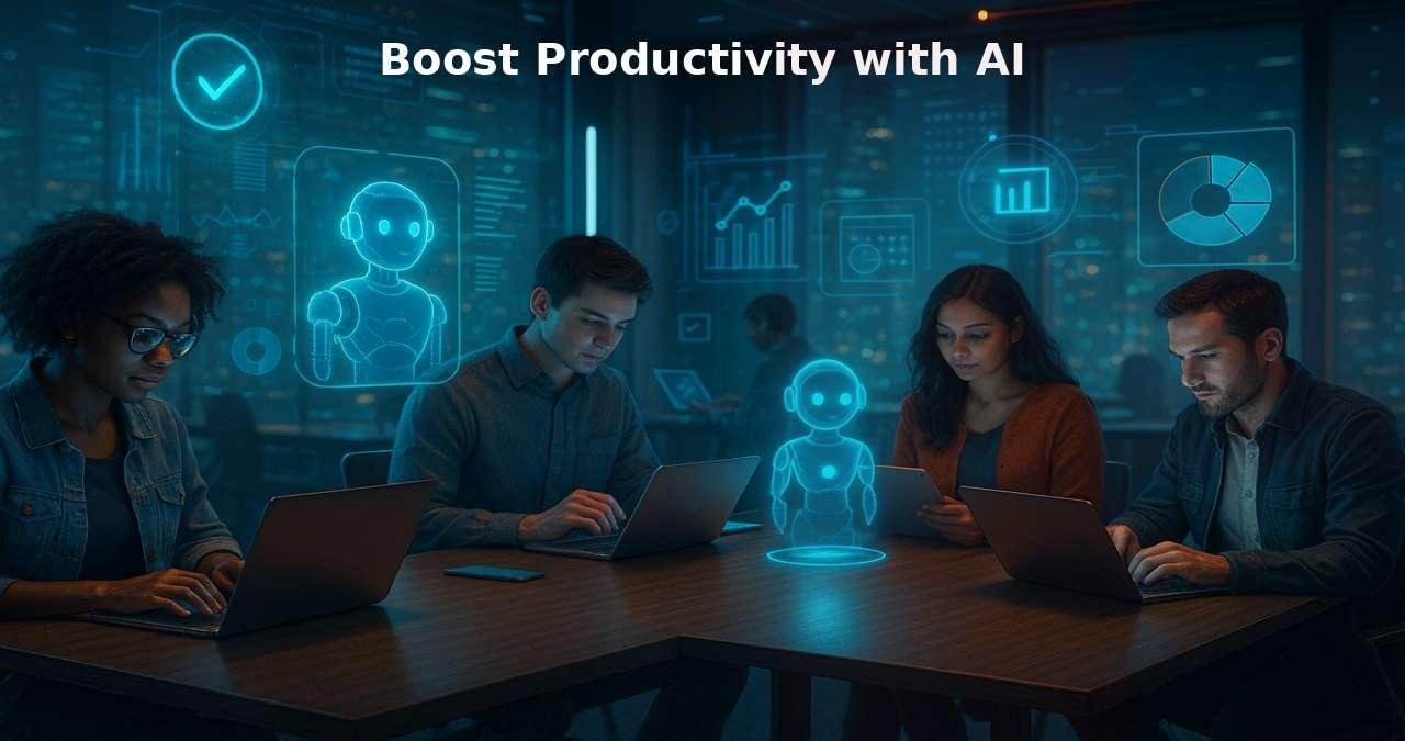 A futuristic workspace with AI holograms assisting people using laptops and smart devices to enhance productivity in 2025