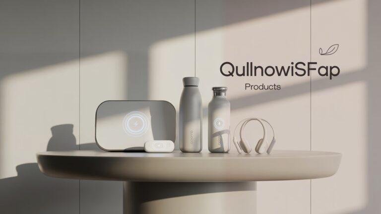 A clean display of modern eco-friendly tech gadgets from Qullnowisfap — about qullnowisfap products arranged in a minimalist layout