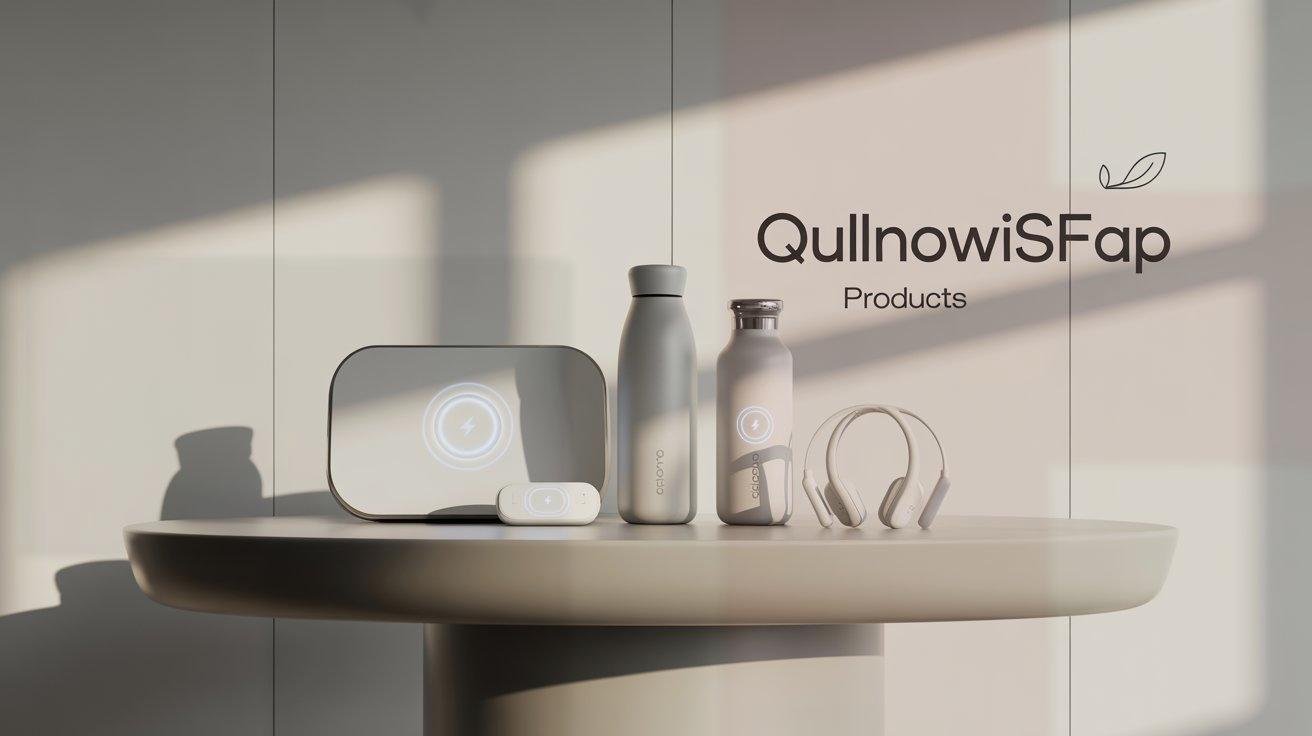 A clean display of modern eco-friendly tech gadgets from Qullnowisfap — about qullnowisfap products arranged in a minimalist layout