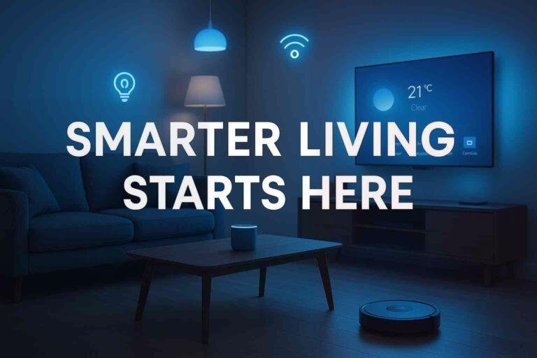 A futuristic living room filled with smart home gadgets including smart lights, speaker, wall display, and robot vacuum