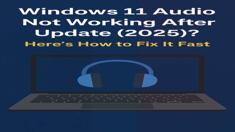 Illustration showing Windows 11 audio not working after update 2025 fix with laptop and headphones