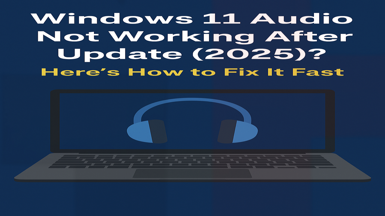 Illustration showing Windows 11 audio not working after update 2025 fix with laptop and headphones