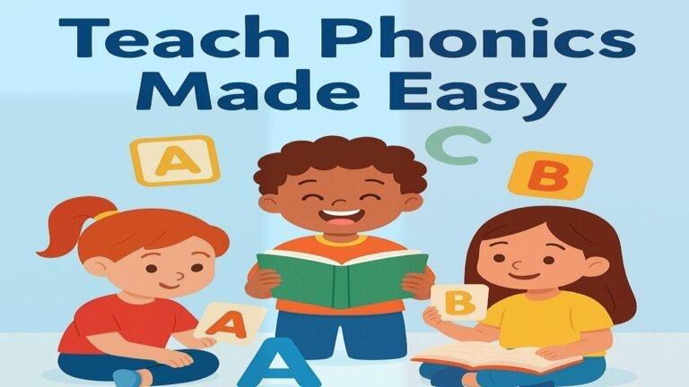 Illustration of a teacher showing letters to young children in a classroom setting, demonstrating how to teach phonics to beginners